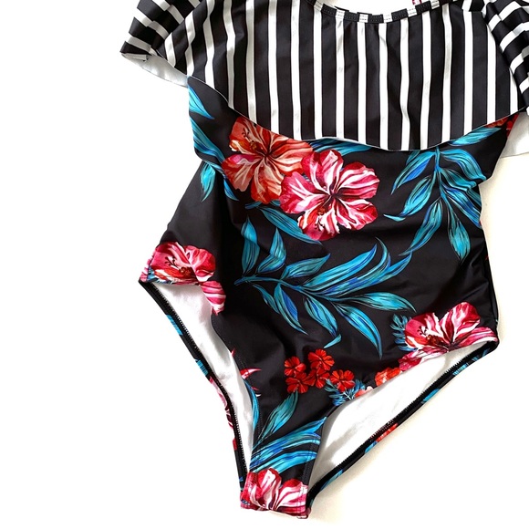 Tropical Swimwear One-Piece Swimsuit Floral Print Stripe Ruffle Top Bathing Suit - Picture 5 of 16
